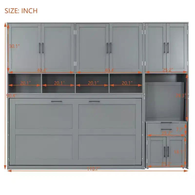 Letto a Scomparsa a Muro Singolo con Armadio, Cassetti e Scrivania, Design Pieghevole Salvaspazio - Bianco o Grigio, 110.7"L x 15.7"P x 90.4"A