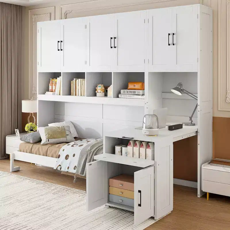 Letto a Scomparsa a Muro Singolo con Armadio, Cassetti e Scrivania, Design Pieghevole Salvaspazio - Bianco o Grigio, 110.7"L x 15.7"P x 90.4"A