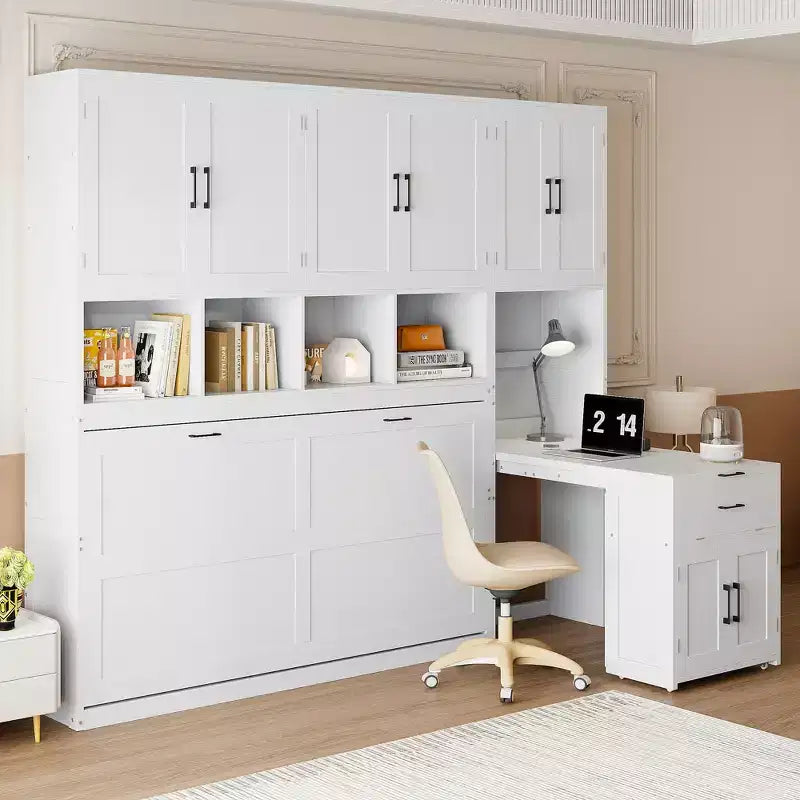 Letto a Scomparsa a Muro Singolo con Armadio, Cassetti e Scrivania, Design Pieghevole Salvaspazio - Bianco o Grigio, 110.7"L x 15.7"P x 90.4"A