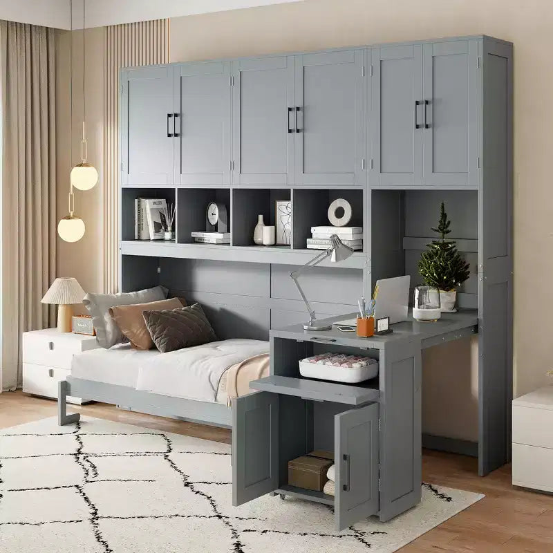 Letto a Scomparsa a Muro Singolo con Armadio, Cassetti e Scrivania, Design Pieghevole Salvaspazio - Bianco o Grigio, 110.7"L x 15.7"P x 90.4"A