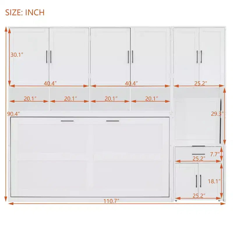 Letto a Scomparsa a Muro Singolo con Armadio, Cassetti e Scrivania, Design Pieghevole Salvaspazio - Bianco o Grigio, 110.7"L x 15.7"P x 90.4"A