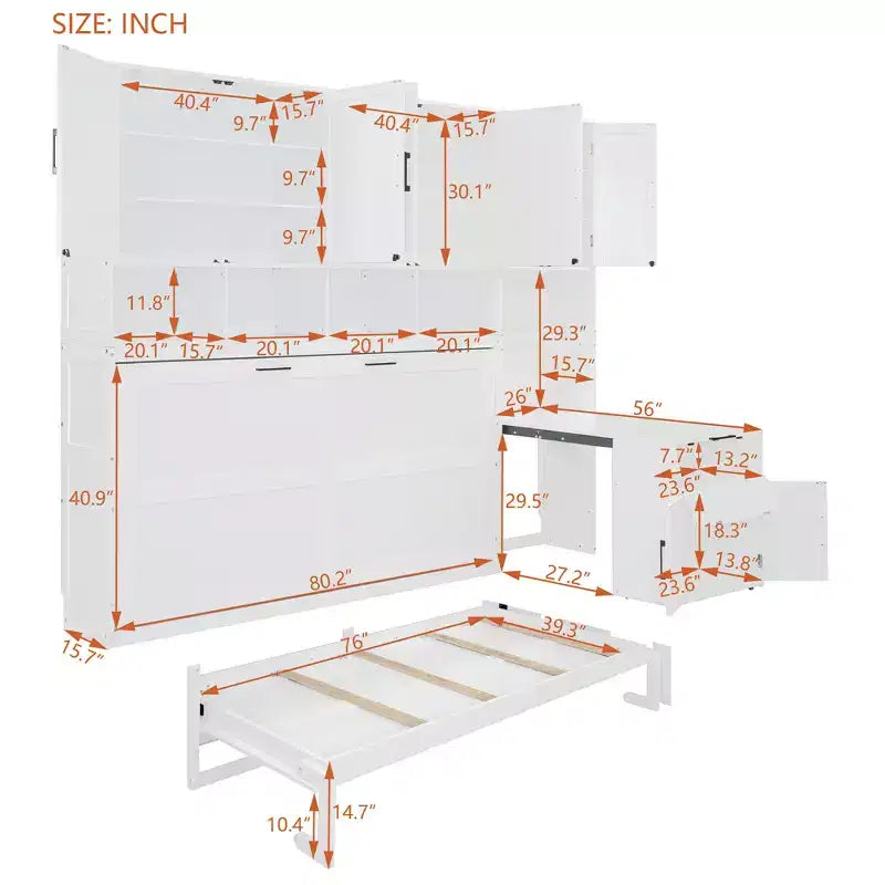 Letto a Scomparsa a Muro Singolo con Armadio, Cassetti e Scrivania, Design Pieghevole Salvaspazio - Bianco o Grigio, 110.7"L x 15.7"P x 90.4"A