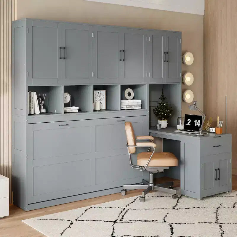 Letto a Scomparsa a Muro Singolo con Armadio, Cassetti e Scrivania, Design Pieghevole Salvaspazio - Bianco o Grigio, 110.7"L x 15.7"P x 90.4"A