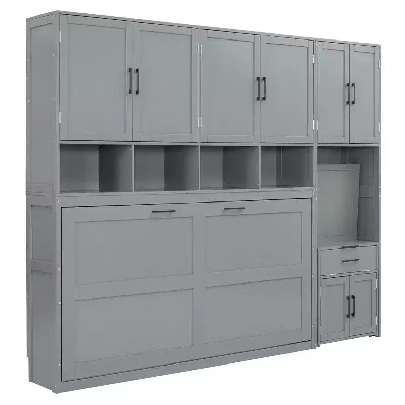 Letto a Scomparsa a Muro Singolo con Armadio, Cassetti e Scrivania, Design Pieghevole Salvaspazio - Bianco o Grigio, 110.7"L x 15.7"P x 90.4"A