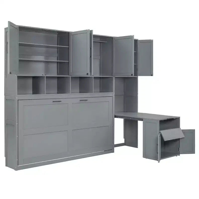 Letto a Scomparsa a Muro Singolo con Armadio, Cassetti e Scrivania, Design Pieghevole Salvaspazio - Bianco o Grigio, 110.7"L x 15.7"P x 90.4"A
