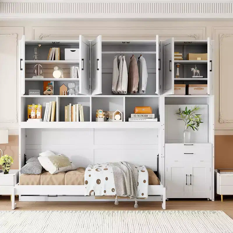 Letto a Scomparsa a Muro Singolo con Armadio, Cassetti e Scrivania, Design Pieghevole Salvaspazio - Bianco o Grigio, 110.7"L x 15.7"P x 90.4"A