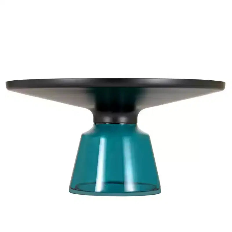 Tavolino da caffè rotondo in vetro con bordo nero e struttura a piedistallo in metallo, 75 cm L x 37 cm H