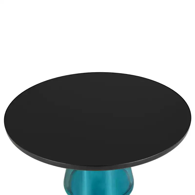 Tavolino da caffè rotondo in vetro con bordo nero e struttura a piedistallo in metallo, 75 cm L x 37 cm H