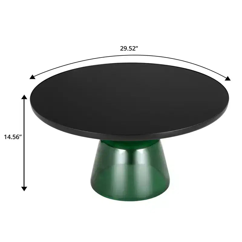Tavolino da caffè rotondo in vetro con bordo nero e struttura a piedistallo in metallo, 75 cm L x 37 cm H
