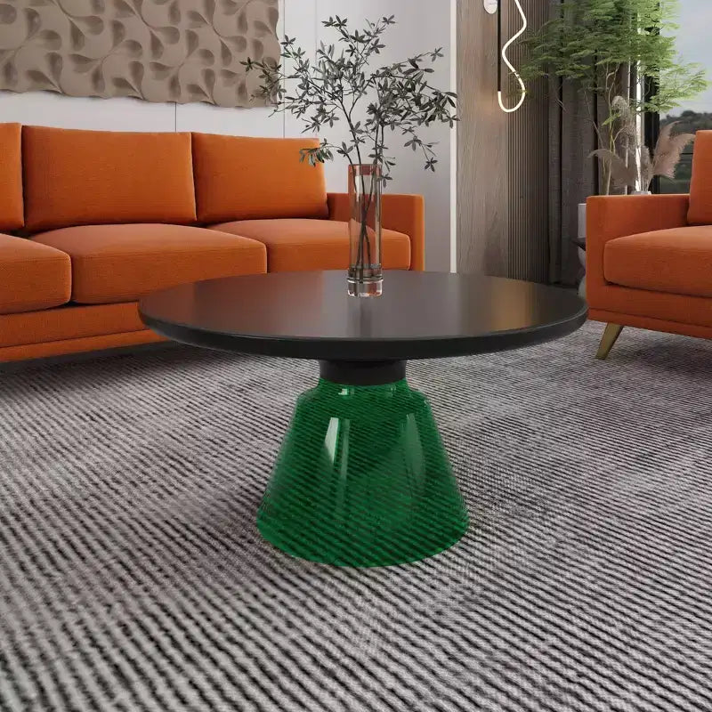 Tavolino da caffè rotondo in vetro con bordo nero e struttura a piedistallo in metallo, 75 cm L x 37 cm H