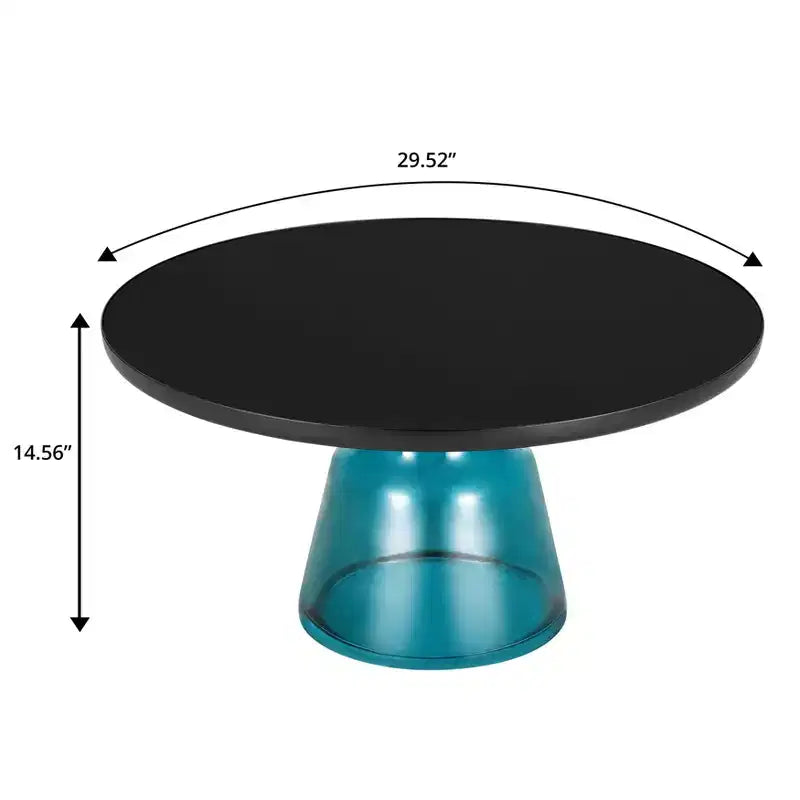 Tavolino da caffè rotondo in vetro con bordo nero e struttura a piedistallo in metallo, 75 cm L x 37 cm H