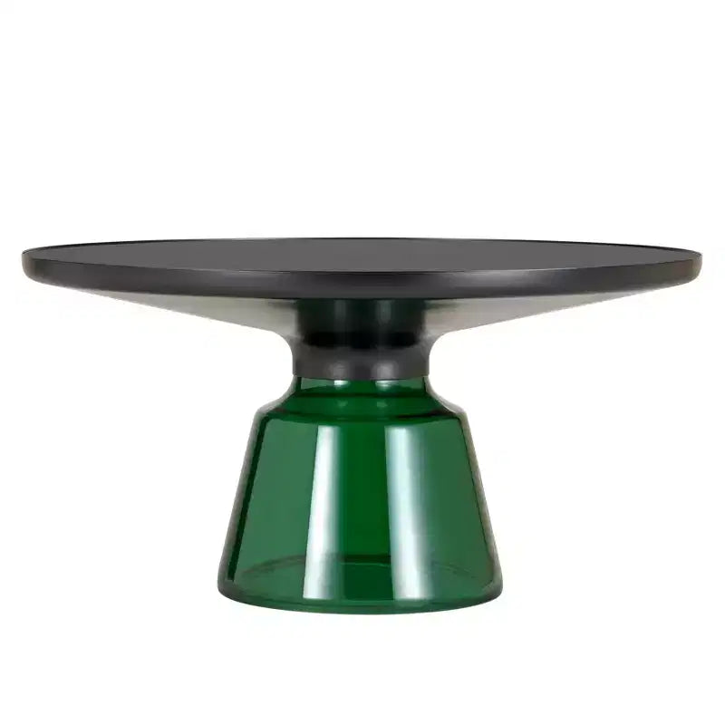 Tavolino da caffè rotondo in vetro con bordo nero e struttura a piedistallo in metallo, 75 cm L x 37 cm H
