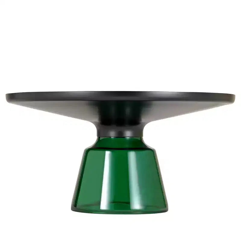 Tavolino da caffè rotondo in vetro con bordo nero e struttura a piedistallo in metallo, 75 cm L x 37 cm H
