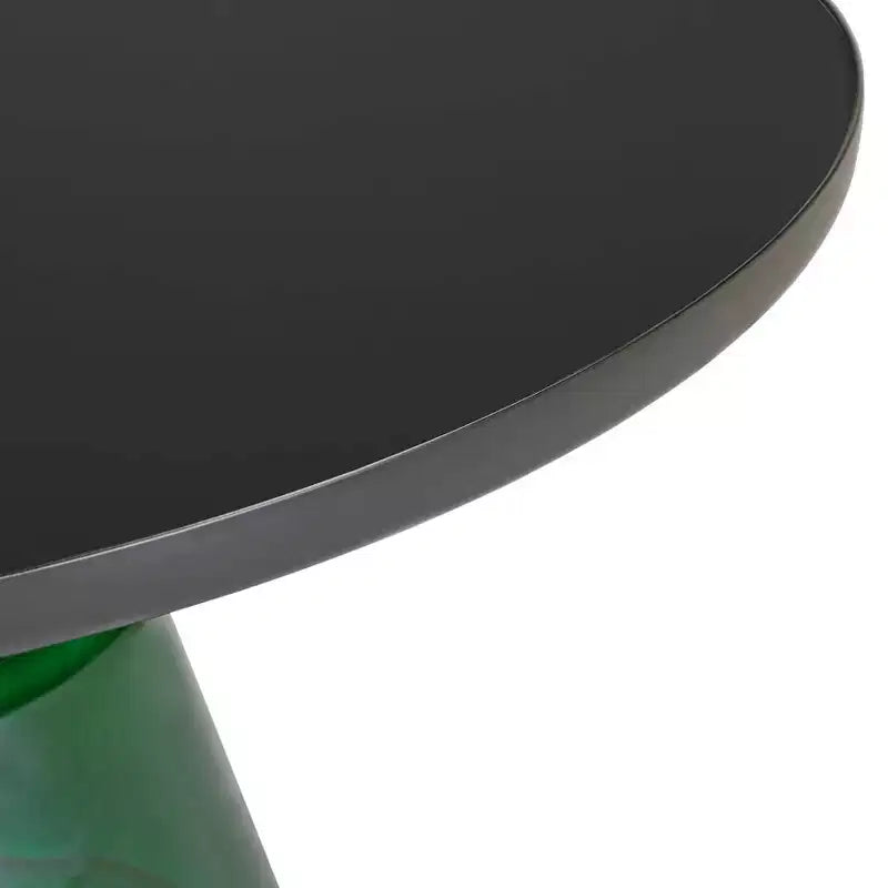 Tavolino da caffè rotondo in vetro con bordo nero e struttura a piedistallo in metallo, 75 cm L x 37 cm H