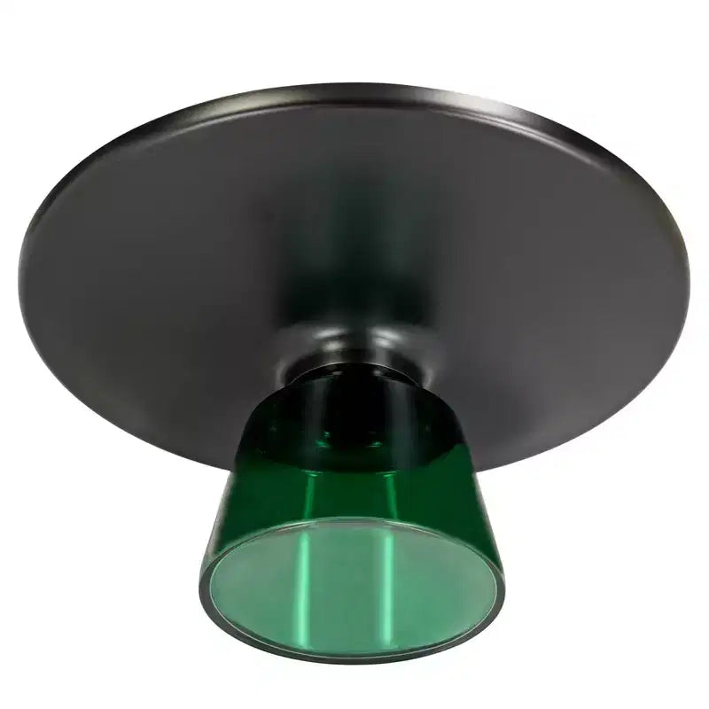 Tavolino da caffè rotondo in vetro con bordo nero e struttura a piedistallo in metallo, 75 cm L x 37 cm H