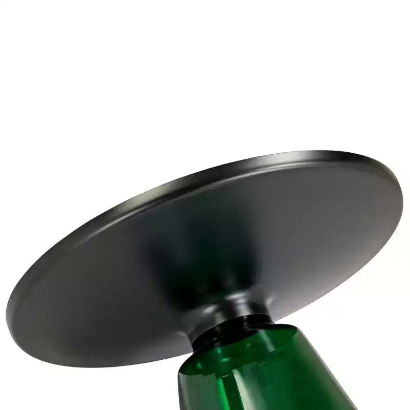 Tavolino da caffè rotondo in vetro con bordo nero e struttura a piedistallo in metallo, 75 cm L x 37 cm H