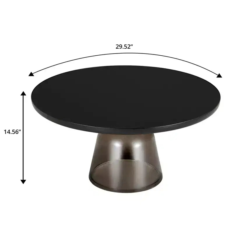 Tavolino da caffè rotondo in vetro con bordo nero e struttura a piedistallo in metallo, 75 cm L x 37 cm H