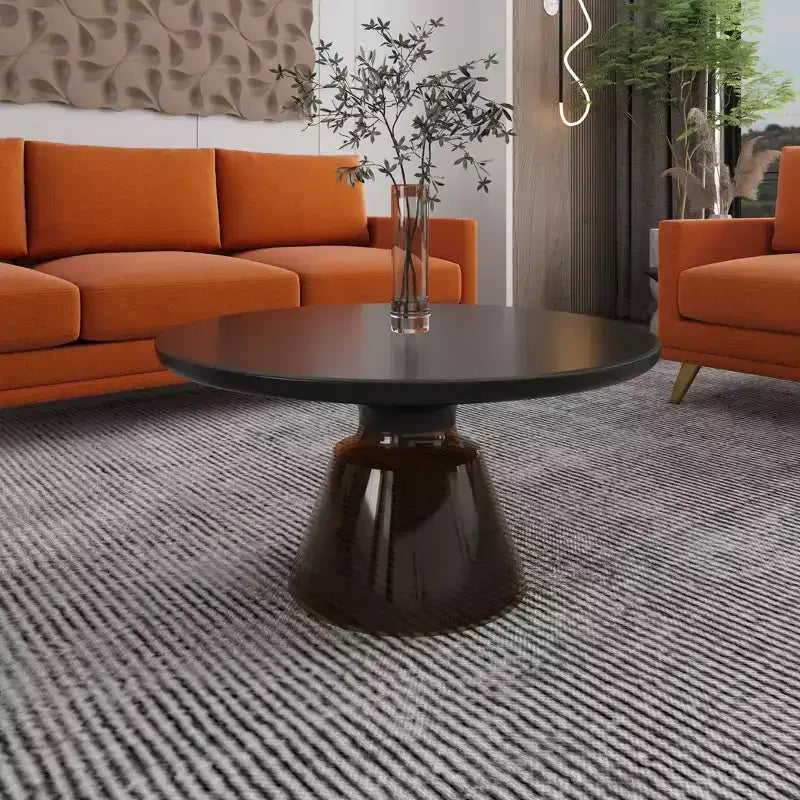 Tavolino da caffè rotondo in vetro con bordo nero e struttura a piedistallo in metallo, 75 cm L x 37 cm H