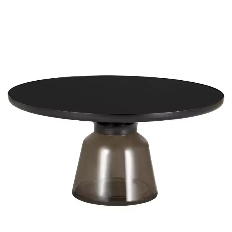 Tavolino da caffè rotondo in vetro con bordo nero e struttura a piedistallo in metallo, 75 cm L x 37 cm H