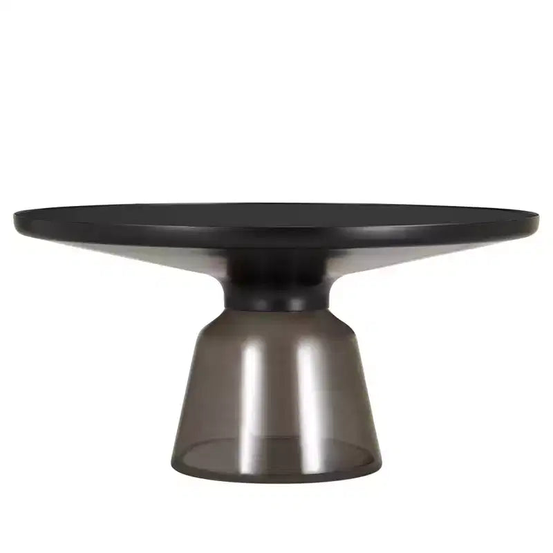 Tavolino da caffè rotondo in vetro con bordo nero e struttura a piedistallo in metallo, 75 cm L x 37 cm H