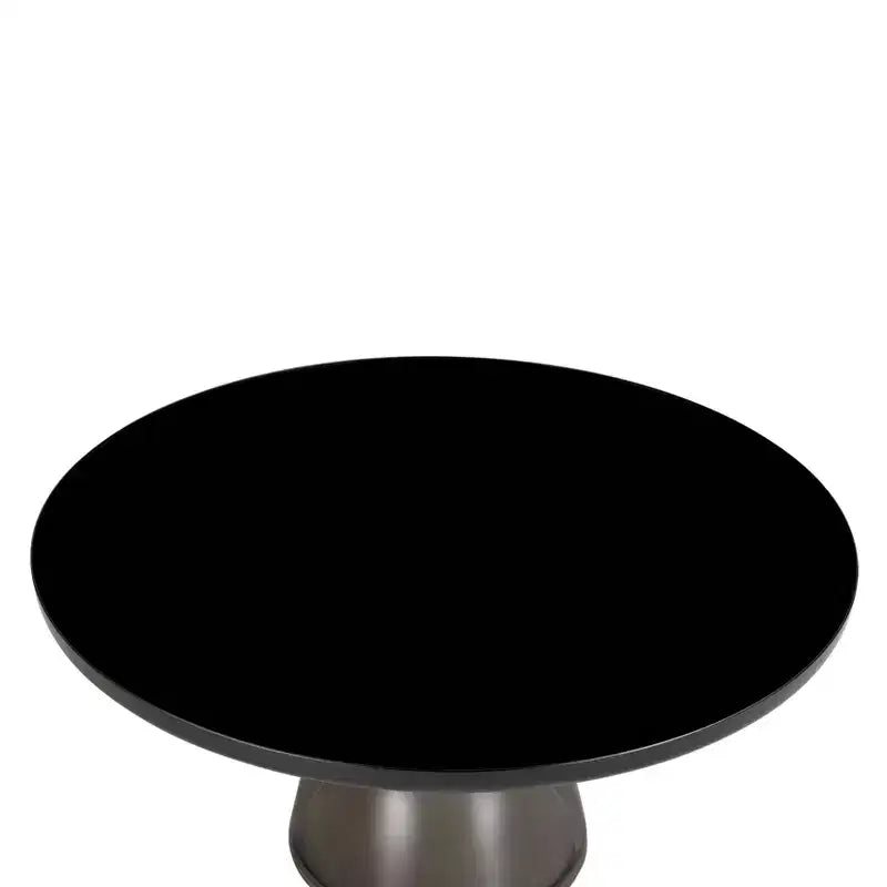 Tavolino da caffè rotondo in vetro con bordo nero e struttura a piedistallo in metallo, 75 cm L x 37 cm H