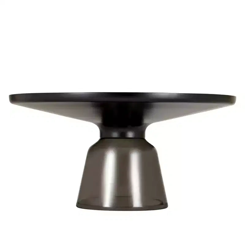 Tavolino da caffè rotondo in vetro con bordo nero e struttura a piedistallo in metallo, 75 cm L x 37 cm H