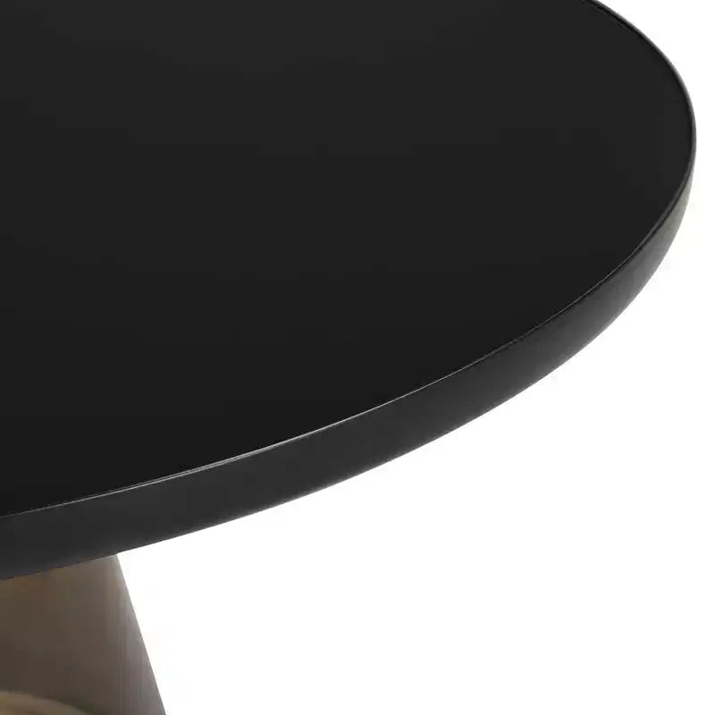 Tavolino da caffè rotondo in vetro con bordo nero e struttura a piedistallo in metallo, 75 cm L x 37 cm H
