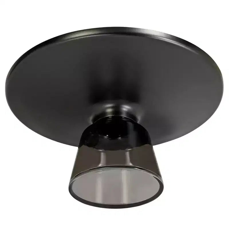 Tavolino da caffè rotondo in vetro con bordo nero e struttura a piedistallo in metallo, 75 cm L x 37 cm H
