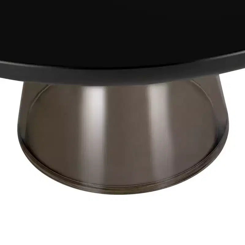 Tavolino da caffè rotondo in vetro con bordo nero e struttura a piedistallo in metallo, 75 cm L x 37 cm H