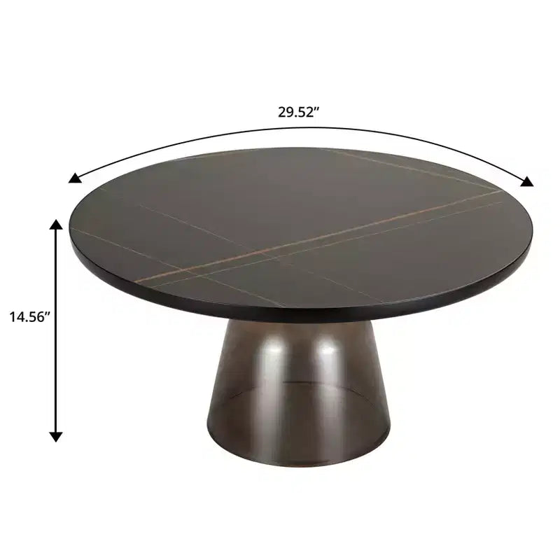 Tavolino da caffè rotondo in vetro con bordo nero e struttura a piedistallo in metallo, 75 cm L x 37 cm H