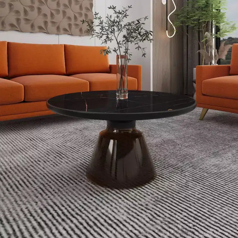 Tavolino da caffè rotondo in vetro con bordo nero e struttura a piedistallo in metallo, 75 cm L x 37 cm H