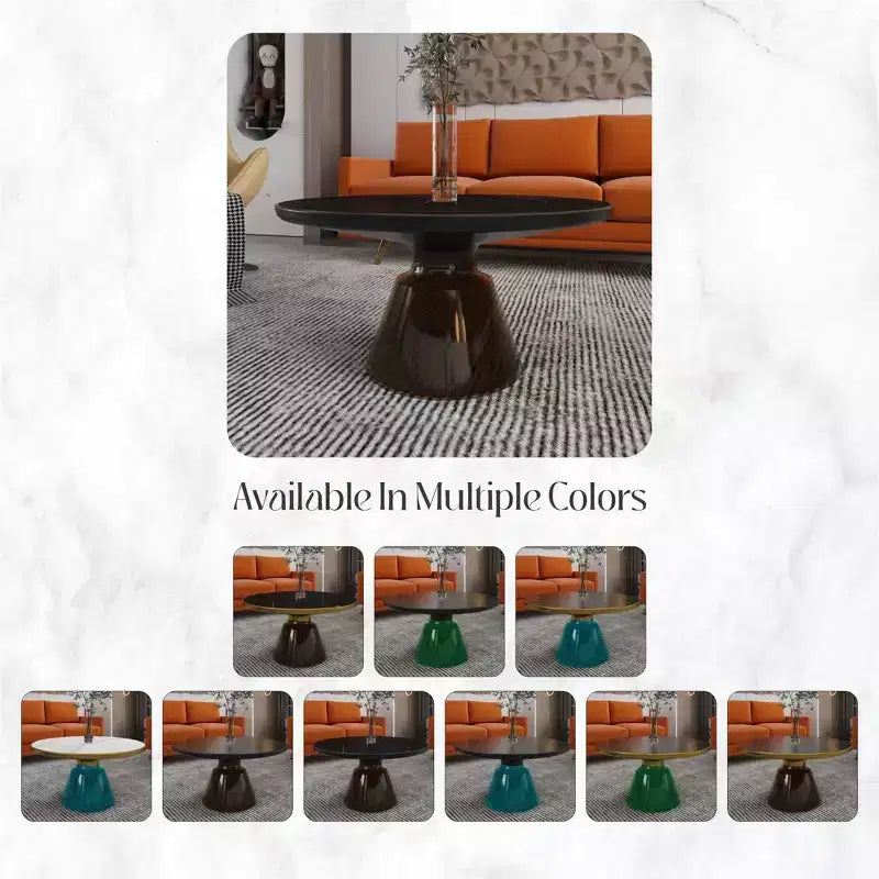 Tavolino da caffè rotondo in vetro con bordo nero e struttura a piedistallo in metallo, 75 cm L x 37 cm H