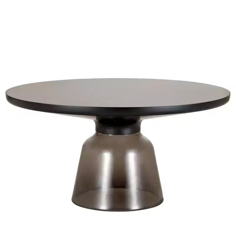 Tavolino da caffè rotondo in vetro con bordo nero e struttura a piedistallo in metallo, 75 cm L x 37 cm H