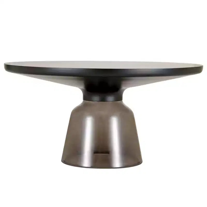 Tavolino da caffè rotondo in vetro con bordo nero e struttura a piedistallo in metallo, 75 cm L x 37 cm H