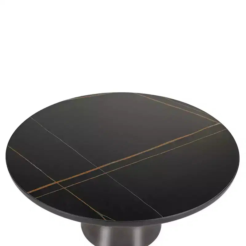 Tavolino da caffè rotondo in vetro con bordo nero e struttura a piedistallo in metallo, 75 cm L x 37 cm H