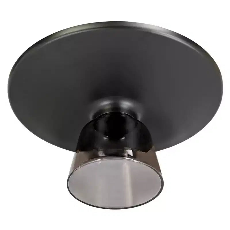 Tavolino da caffè rotondo in vetro con bordo nero e struttura a piedistallo in metallo, 75 cm L x 37 cm H