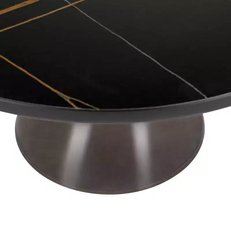 Tavolino da caffè rotondo in vetro con bordo nero e struttura a piedistallo in metallo, 75 cm L x 37 cm H