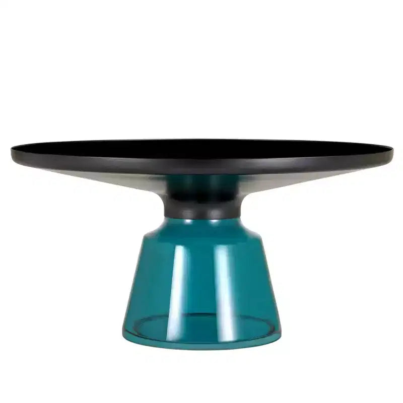 Tavolino da caffè rotondo in vetro con bordo nero e struttura a piedistallo in metallo, 75 cm L x 37 cm H