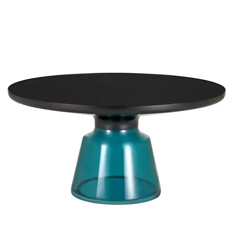 Tavolino da caffè rotondo in vetro con bordo nero e struttura a piedistallo in metallo, 75 cm L x 37 cm H