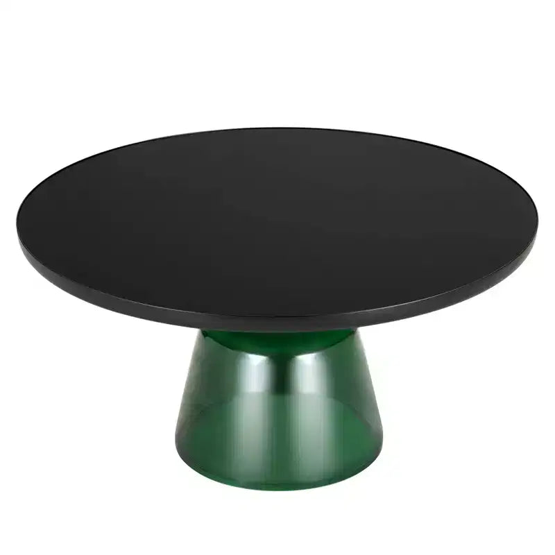 Tavolino da caffè rotondo in vetro con bordo nero e struttura a piedistallo in metallo, 75 cm L x 37 cm H
