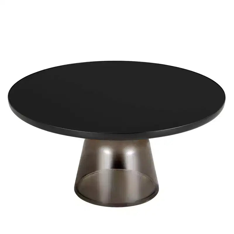 Tavolino da caffè rotondo in vetro con bordo nero e struttura a piedistallo in metallo, 75 cm L x 37 cm H
