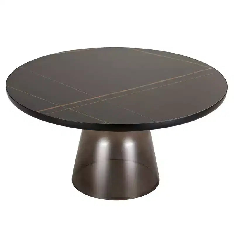 Tavolino da caffè rotondo in vetro con bordo nero e struttura a piedistallo in metallo, 75 cm L x 37 cm H