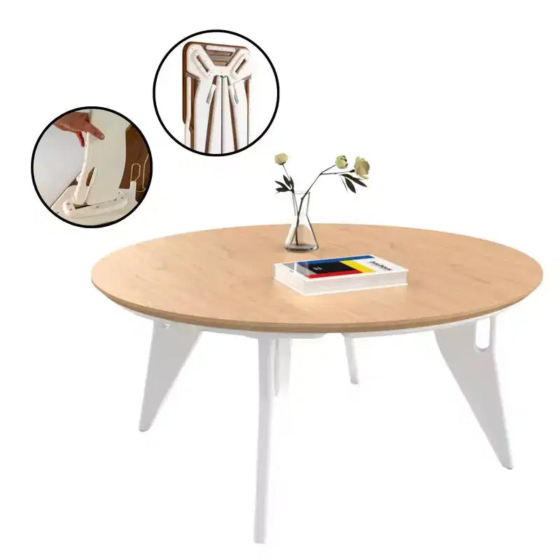 Tavolino da caffè rotondo pieghevole da 34 pollici con piano in legno e gambe in metallo