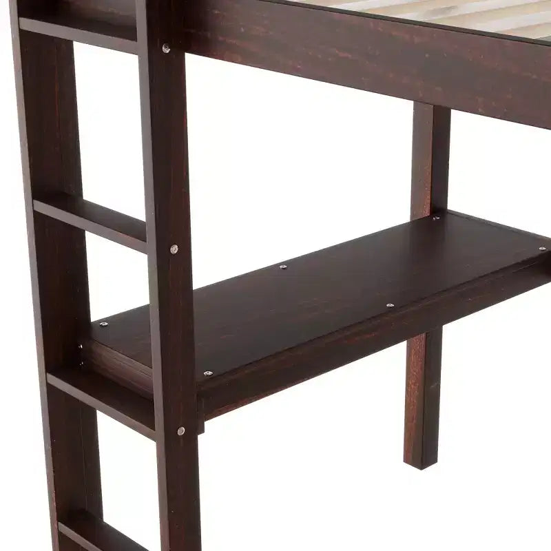 Letto a soppalco in legno di gomma matrimoniale con scrivania integrata, scala e spondine di sicurezza