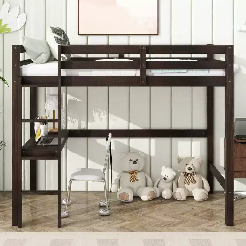 Letto a soppalco in legno di gomma matrimoniale con scrivania integrata, scala e spondine di sicurezza