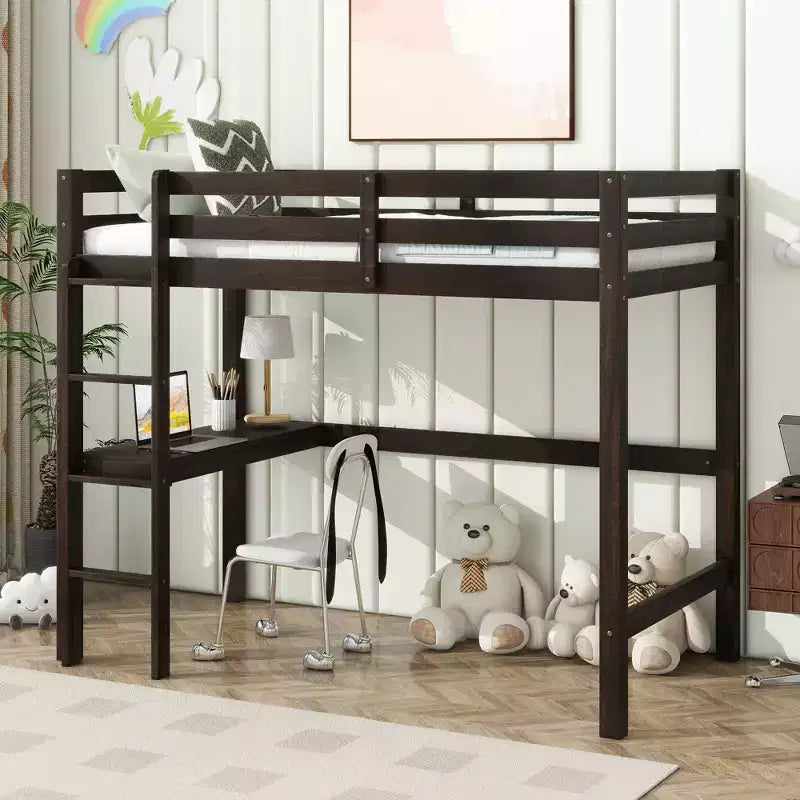 Letto a soppalco in legno di gomma matrimoniale con scrivania integrata, scala e spondine di sicurezza