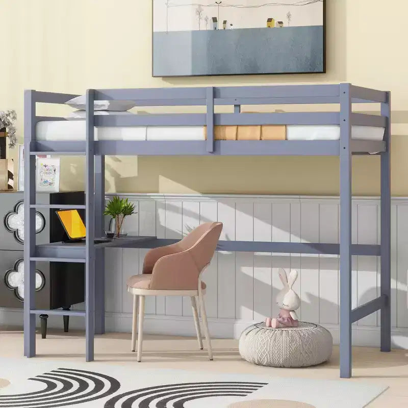 Letto a soppalco in legno di gomma matrimoniale con scrivania integrata, scala e spondine di sicurezza