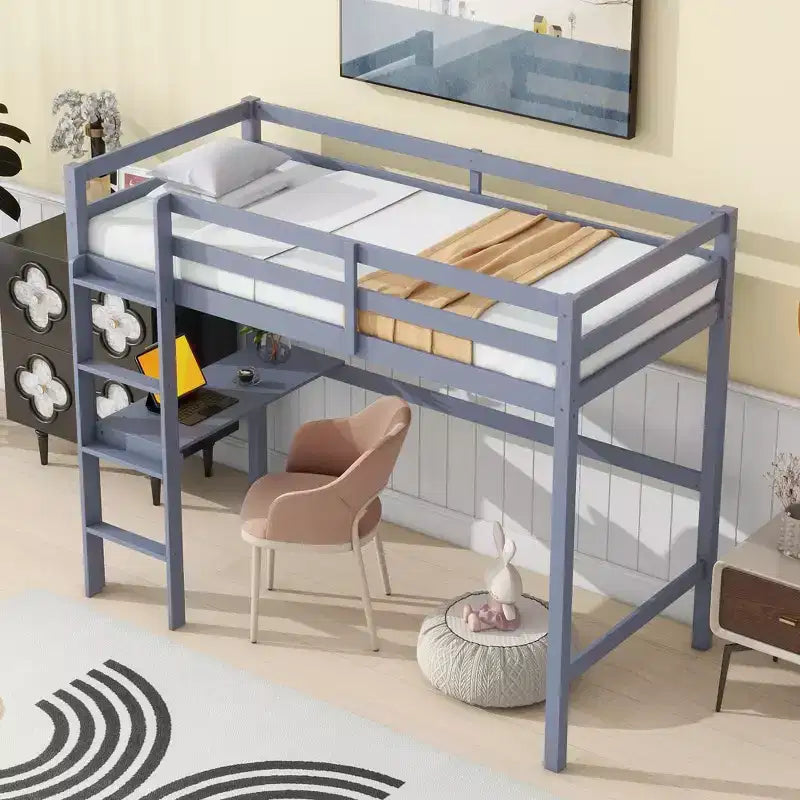 Letto a soppalco in legno di gomma matrimoniale con scrivania integrata, scala e spondine di sicurezza