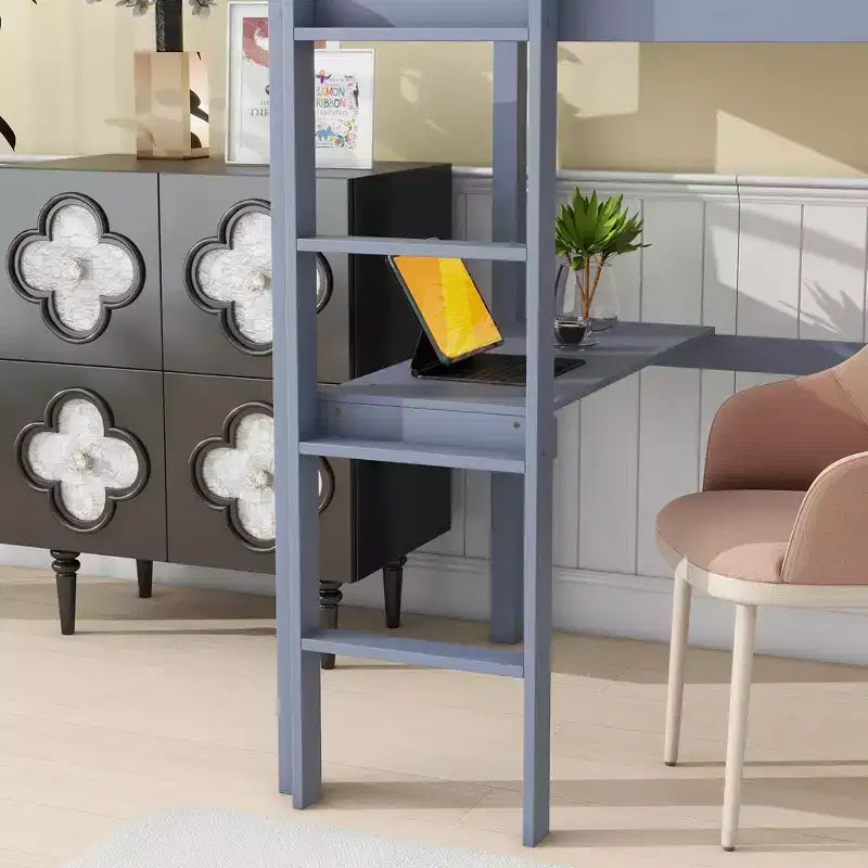 Letto a soppalco in legno di gomma matrimoniale con scrivania integrata, scala e spondine di sicurezza