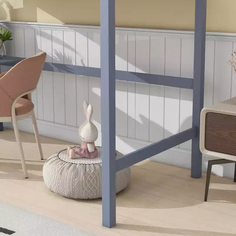 Letto a soppalco in legno di gomma matrimoniale con scrivania integrata, scala e spondine di sicurezza